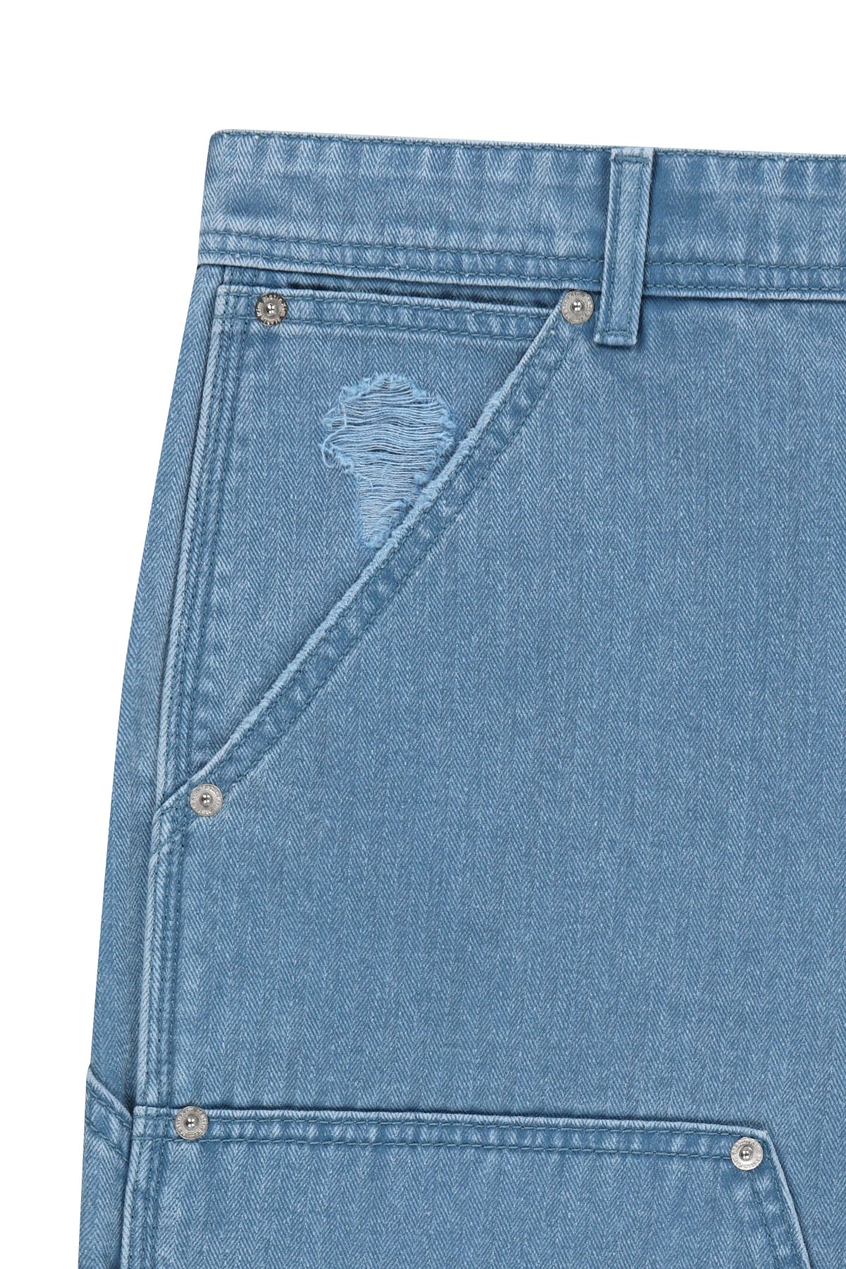 matinkim HERINGBONE RAW CUT DENIM SHORTS IN LIGHT BLUE