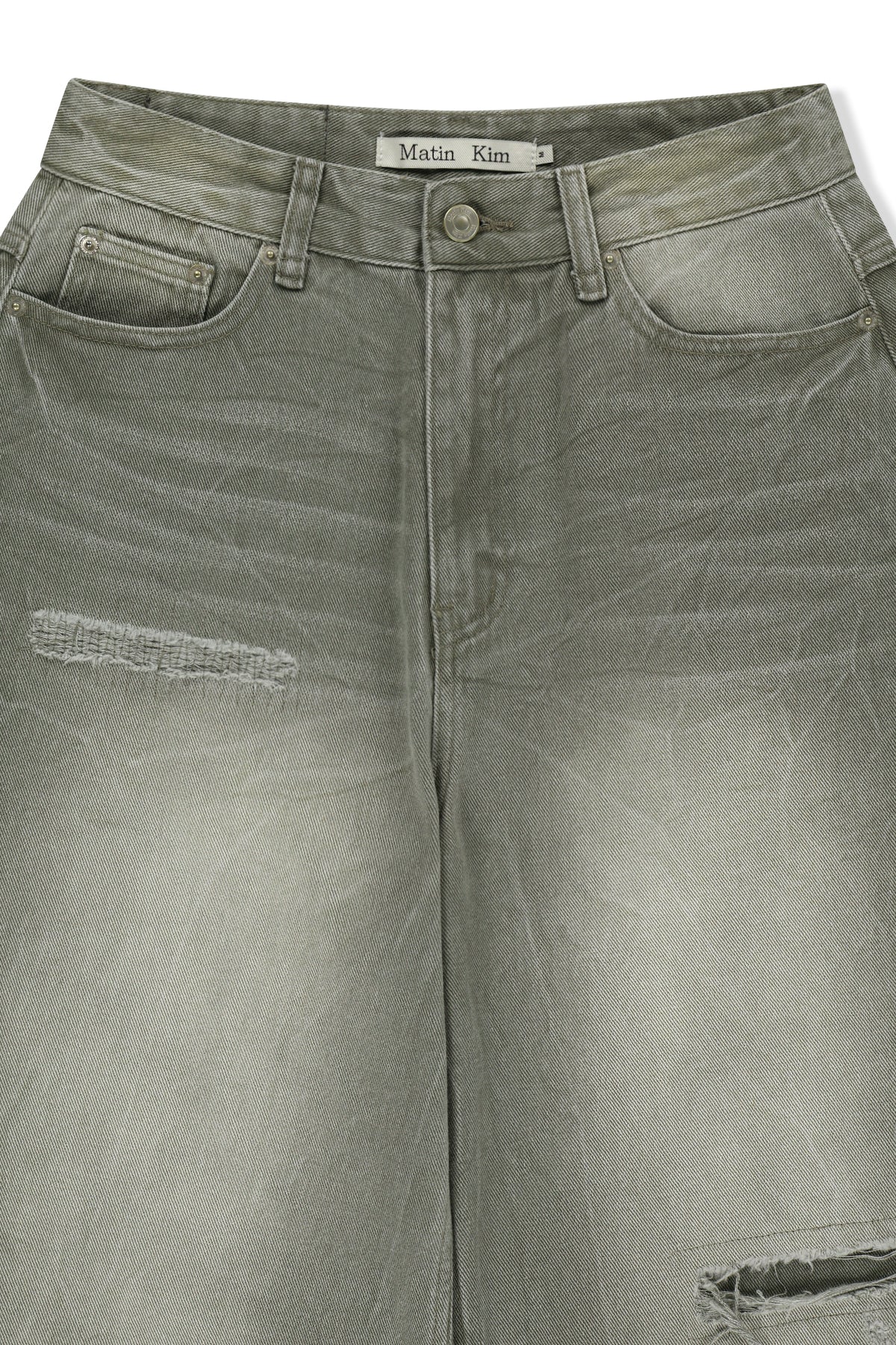 matinkim BACK LOGO WASHED DENIM PANTS IN KHAKI
