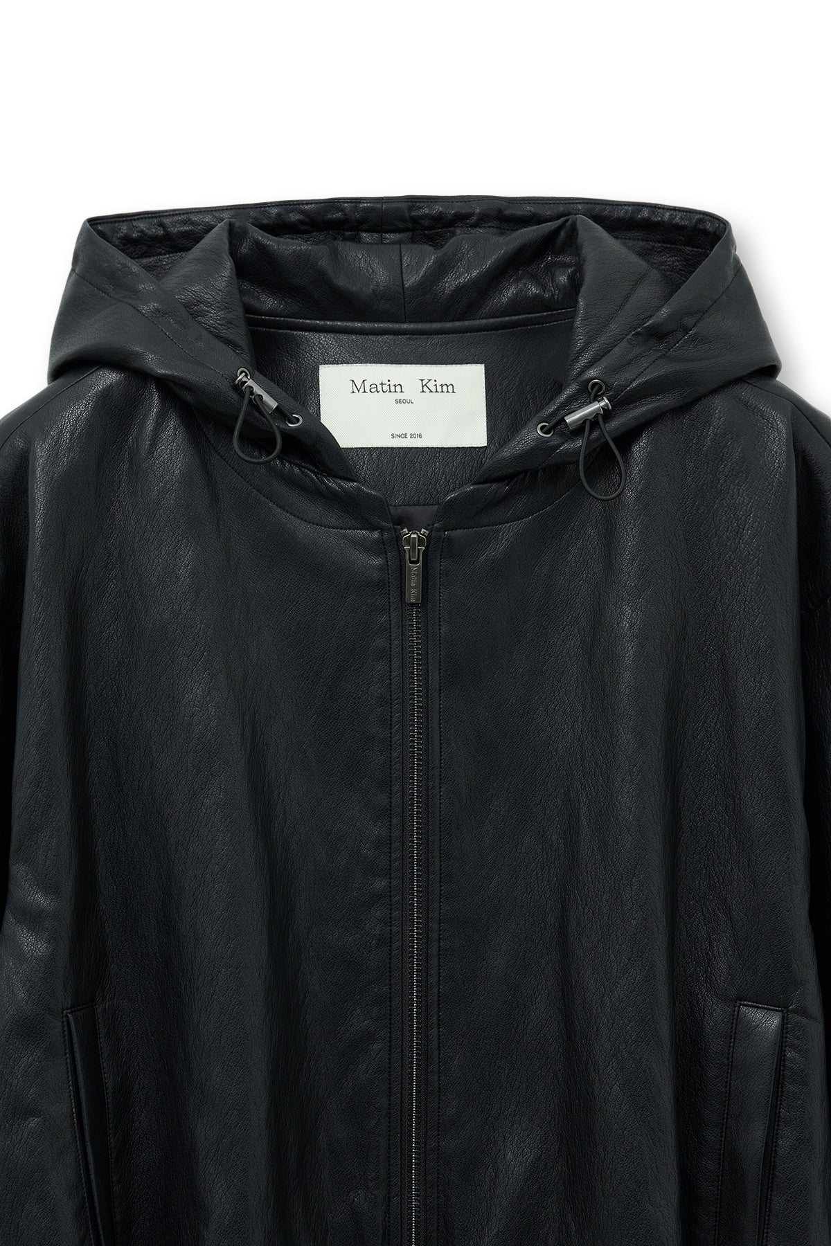 matinkim FAUX LEATHER HOODY CROP JUMPER IN BLACK