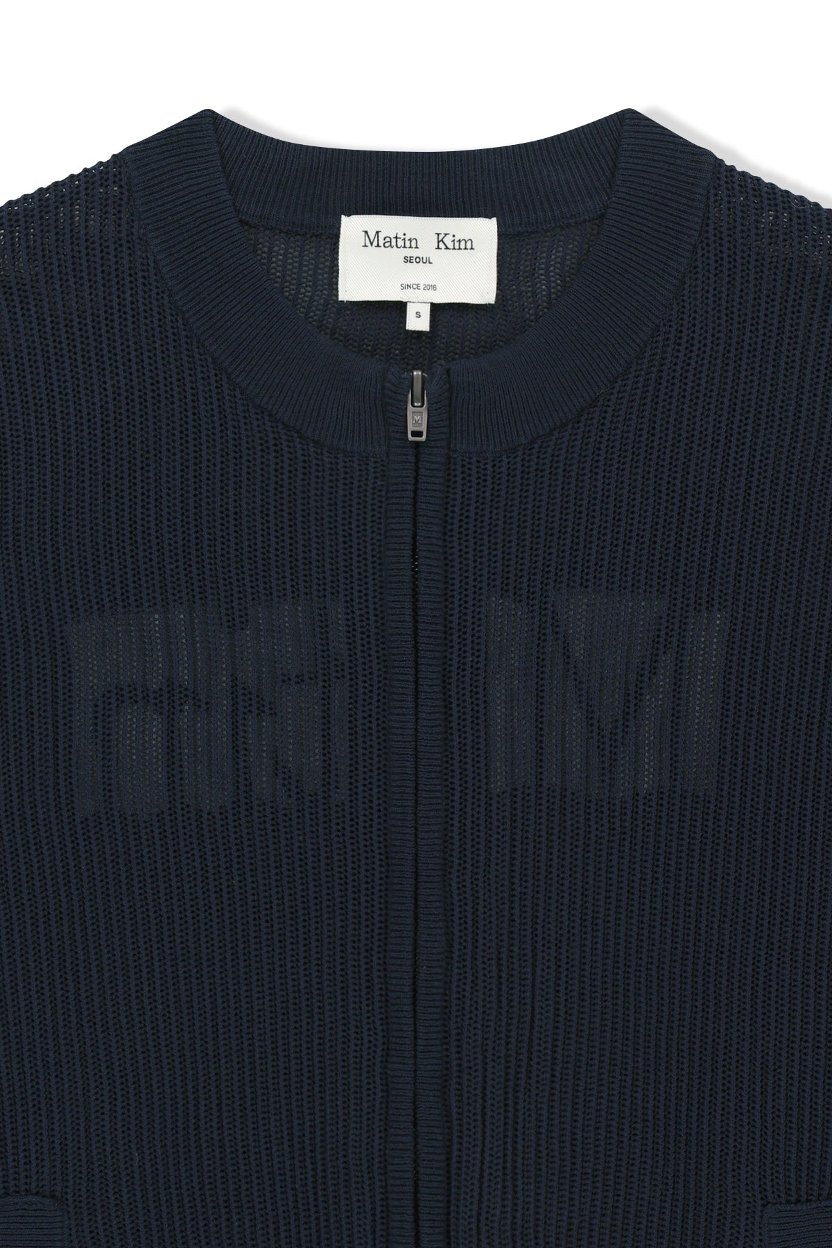 matinkim BACK LOGO JACQUARD MESH KNIT ZIP UP IN NAVY