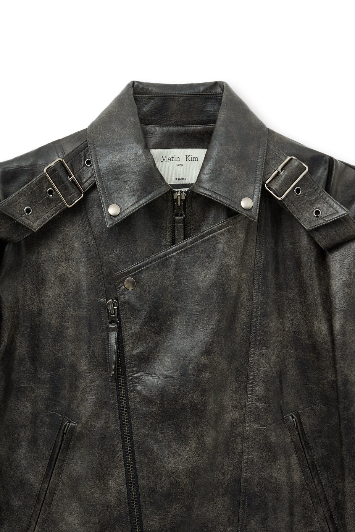 matinkim FAUX LEATHER BELTED RIDER JUMPER IN CHARCOAL