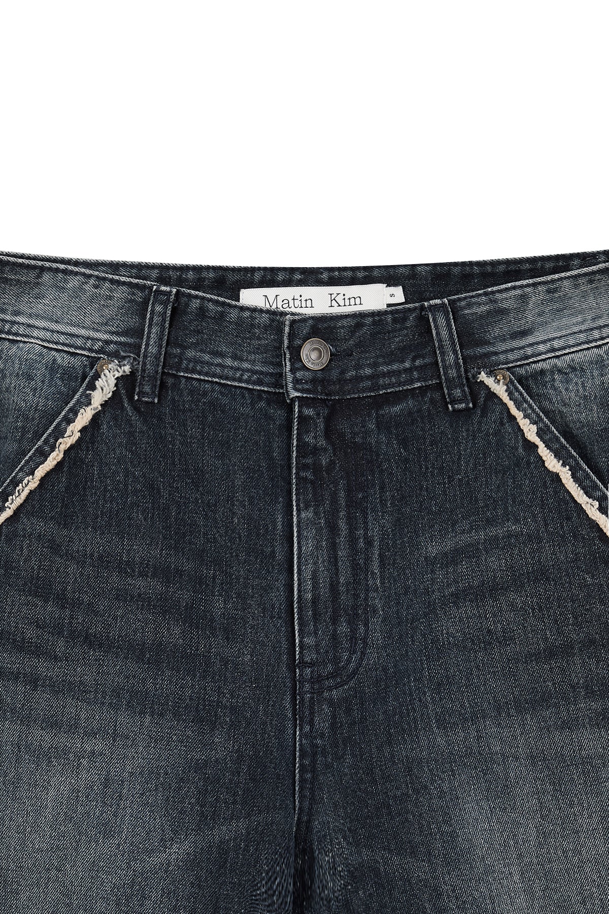 matinkim SEMI BOOTS CUT WASHED DENIM PANTS IN NAVY