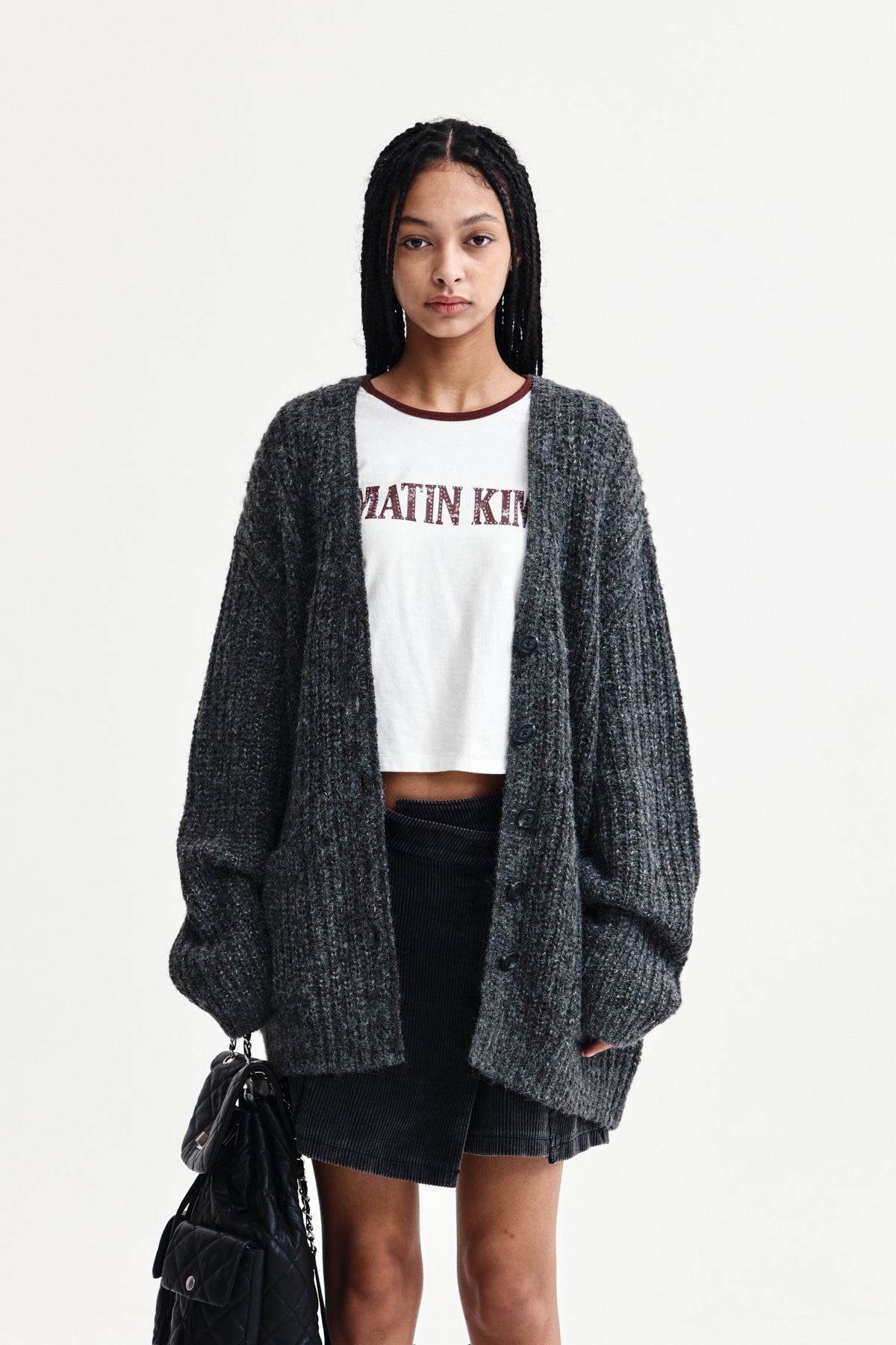 matinkim SIDE BUTTON POINT OVERFIT CARDIGAN IN CHARCOAL