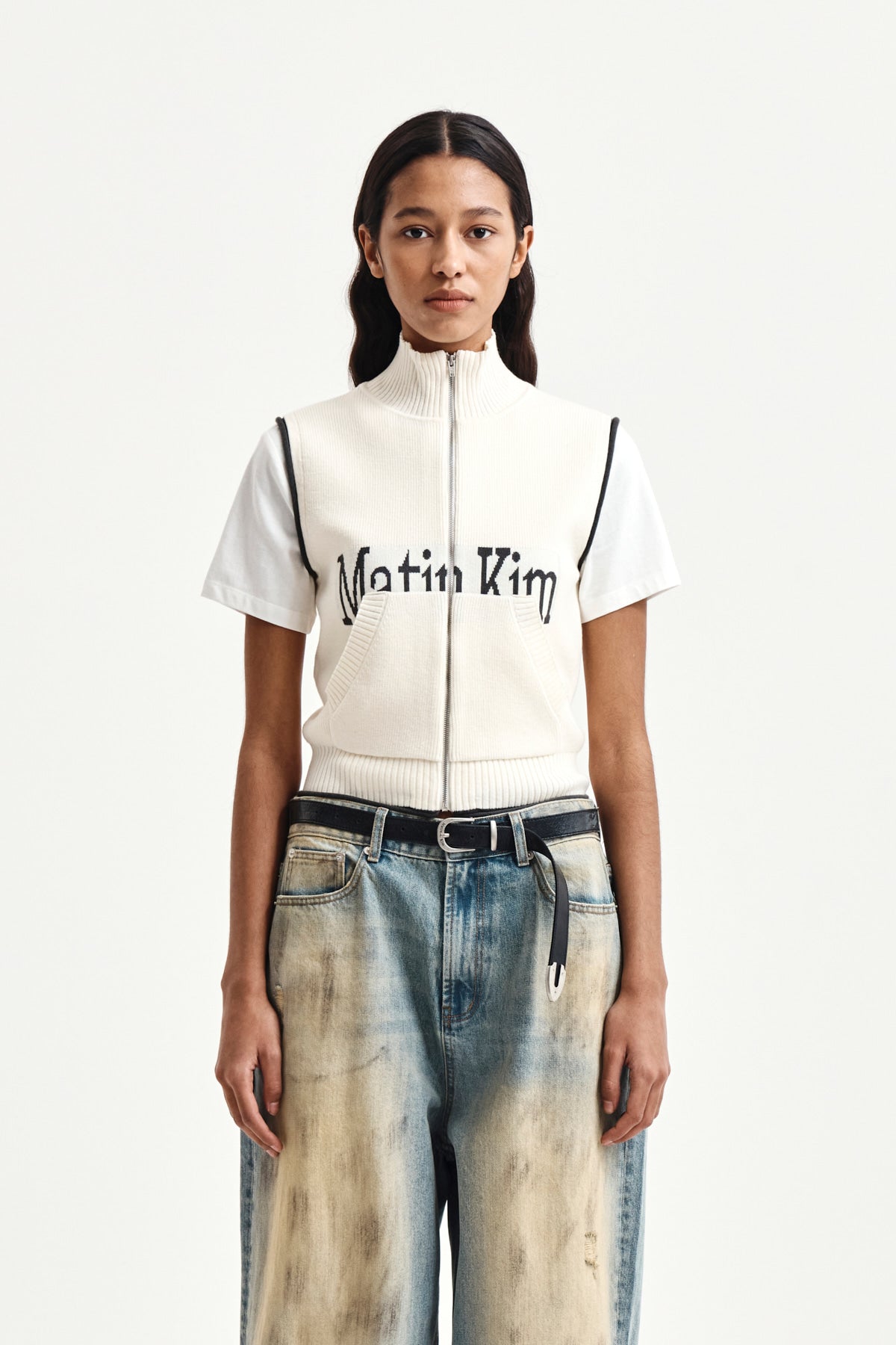 matinkim MATIN SPELL POINT KNIT ZIP UP VEST IN IVORY