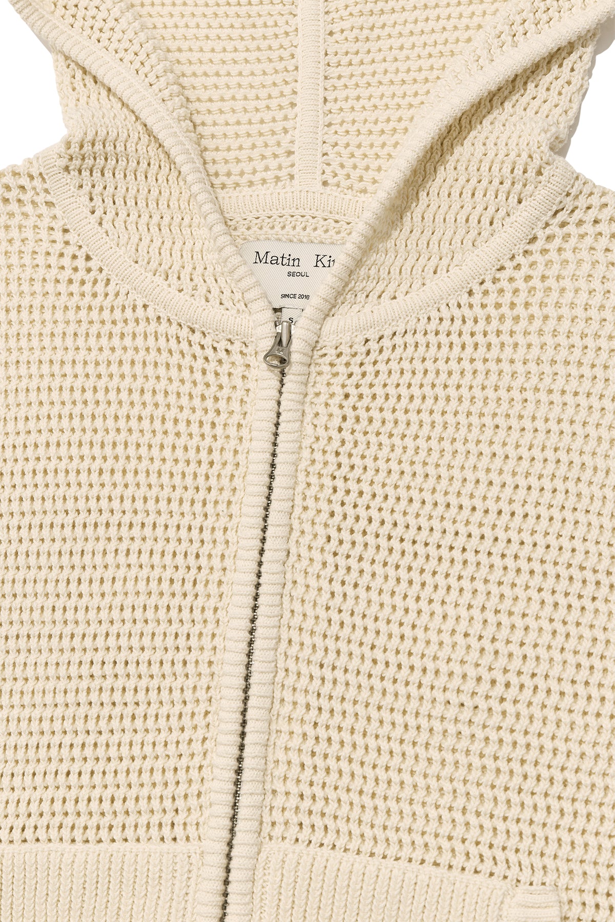 matinkim TWO TONE MESH KNIT HOODY ZIP UP IN IVORY