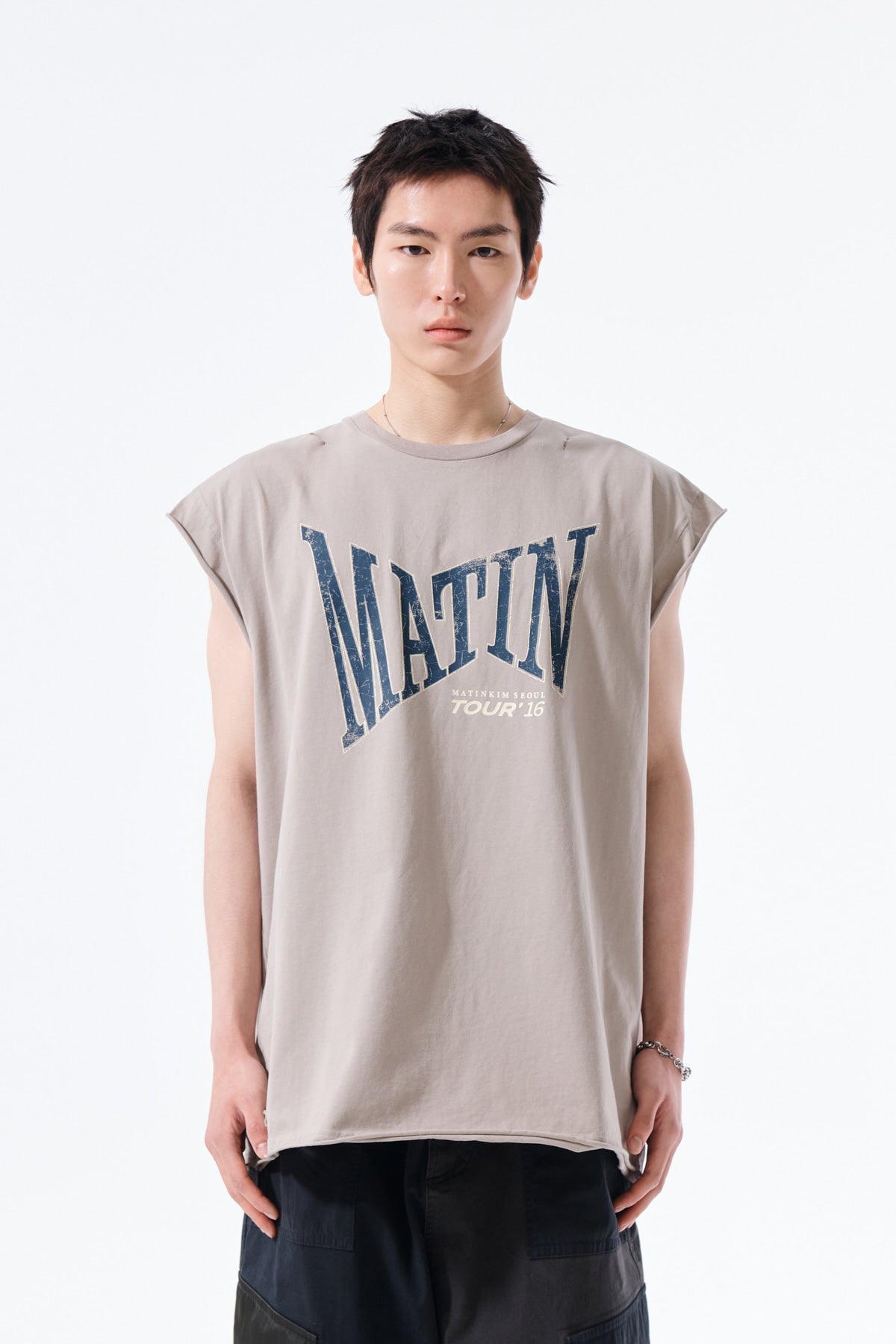 matinkim RAW EDGE CUT OUT SLEEVELESS TOP FOR MEN IN BEIGE