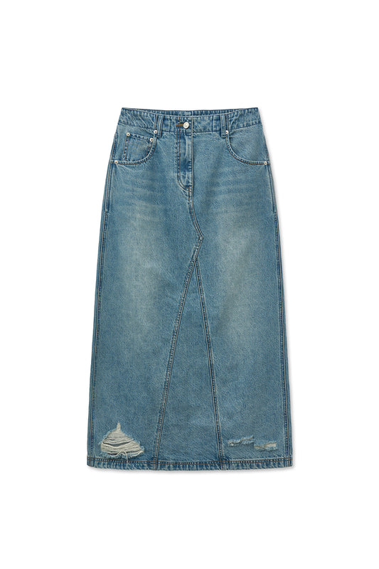 matinkim DAMAGE POINT LONG DENIM SKIRT IN BLUE