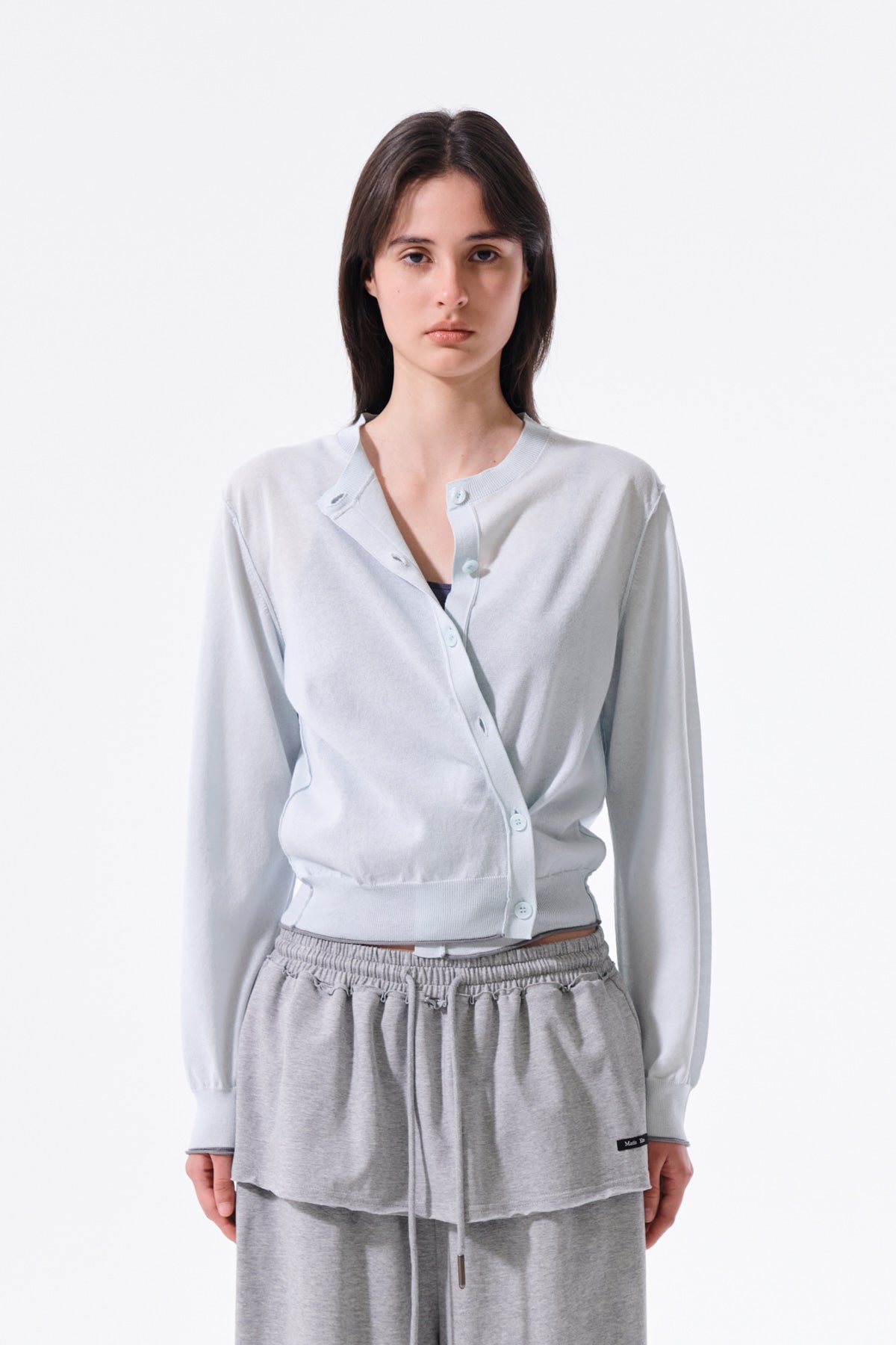 matinkim BACK LOGO SHEER CARDIGAN FOR WOMEN IN LIGHT BLUE