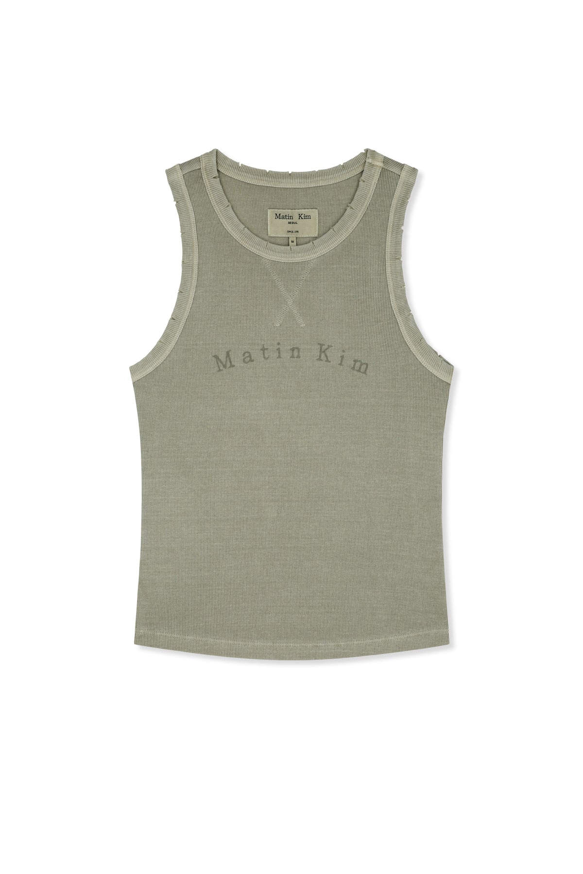 matinkim DISTRESSED SLEEVELESS LOGO TOP IN BEIGE