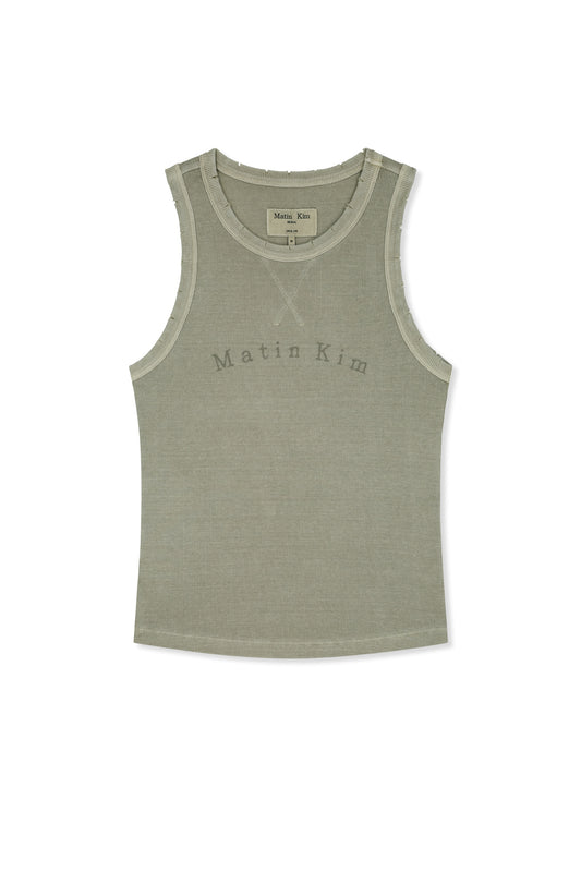 matinkim DISTRESSED SLEEVELESS LOGO TOP IN BEIGE