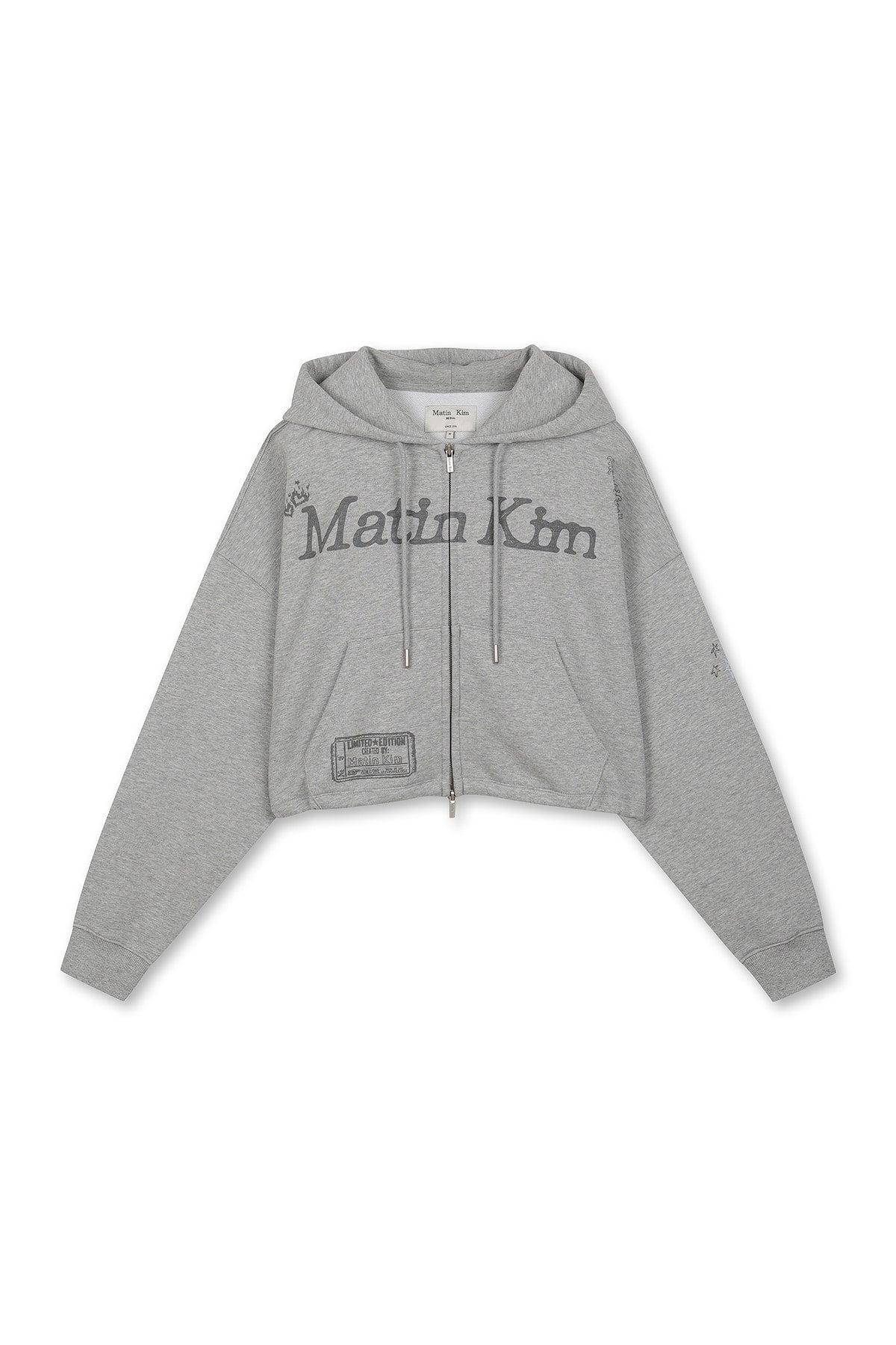 matinkim GRAFFITI ARTWORK CROP HOODY ZIP UP IN GREY