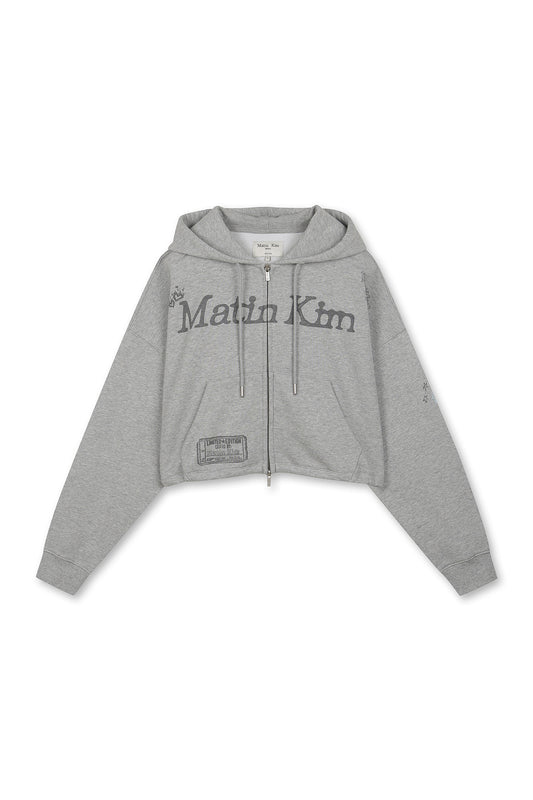 matinkim GRAFFITI ARTWORK CROP HOODY ZIP UP IN GREY