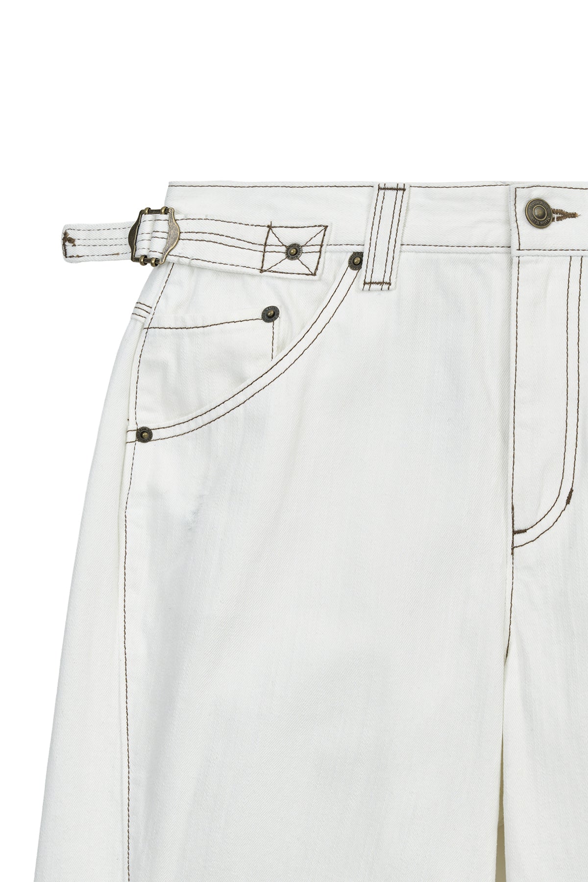 matinkim WAIST BUCKLE STITCH POINT TWILL DENIM PANTS IN IVORY