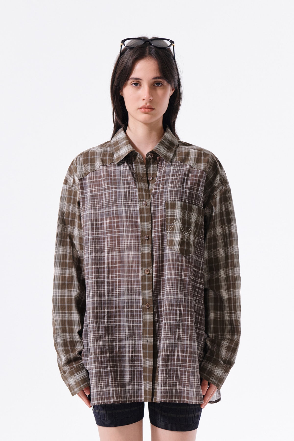 matinkim MIXED CHECK OVER FIT SHIRT IN BROWN