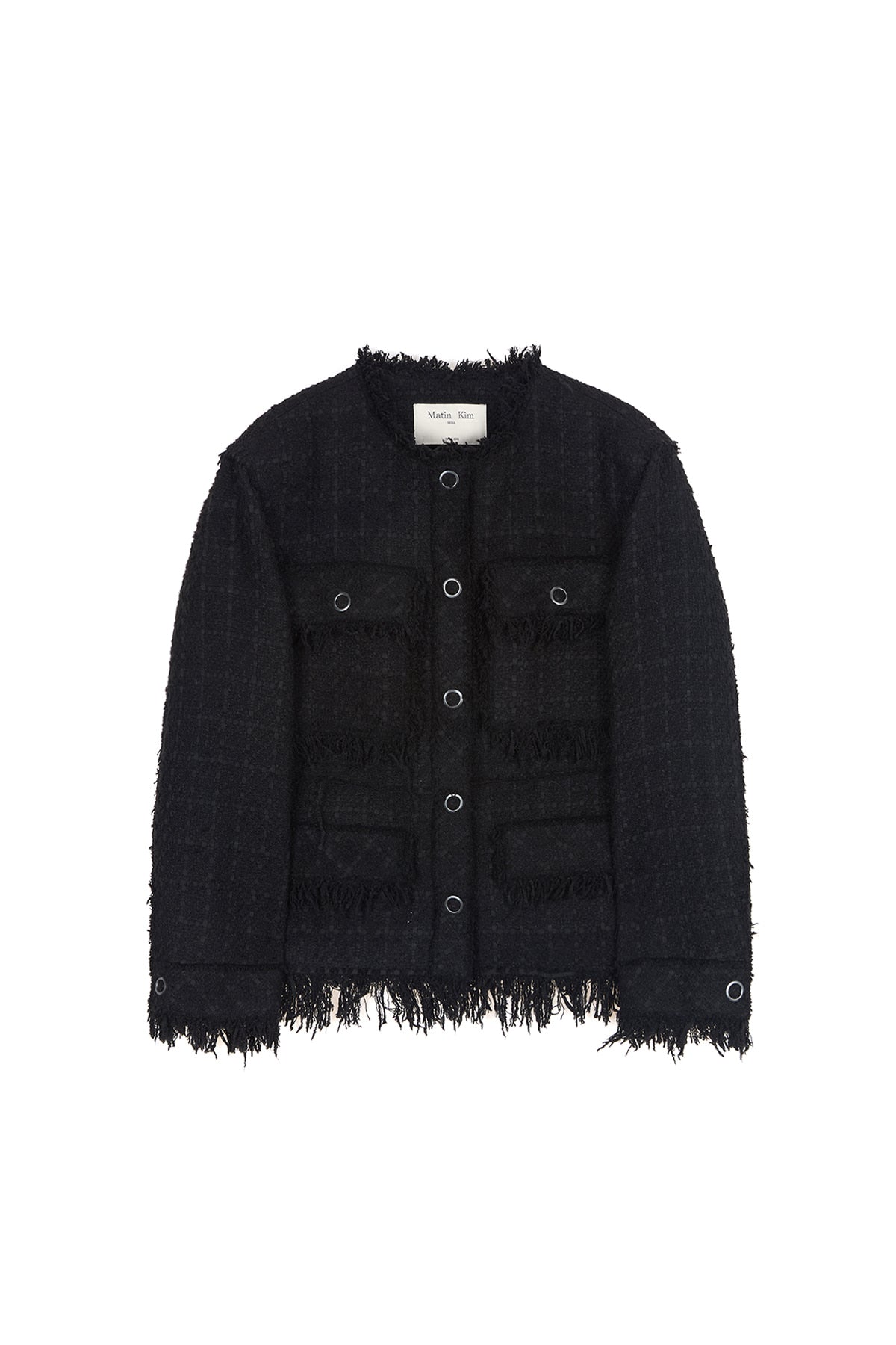 matinkim TWO WAY COLLARLESS TWEED JACKET IN BLACK