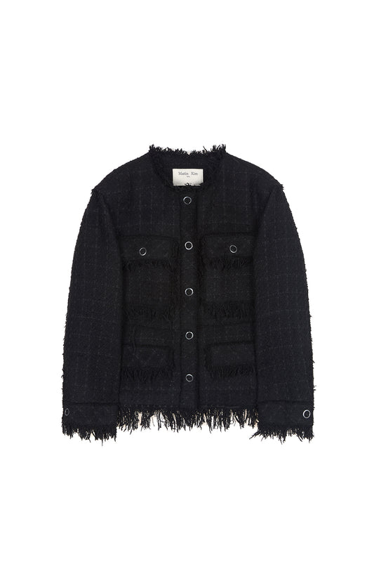 matinkim TWO WAY COLLARLESS TWEED JACKET IN BLACK
