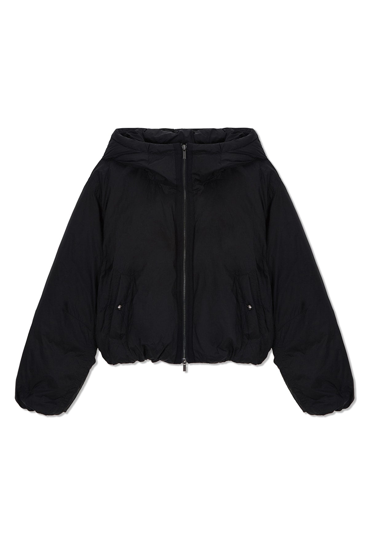 matinkim BACK LOGO HOODY SHORT DOWN JUMPER IN BLACK