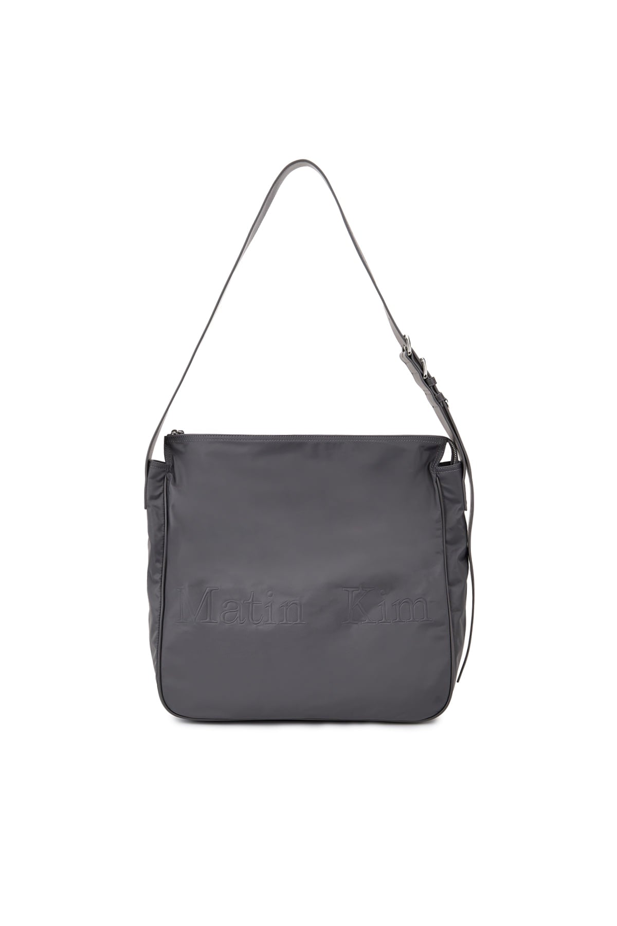 matinkim EMBOSSED LOGO FABRIC SHOULDER BAG IN CHARCOAL
