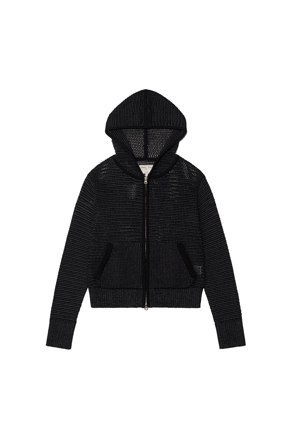 matinkim TWO TONE MESH KNIT HOODY ZIP UP IN BLACK