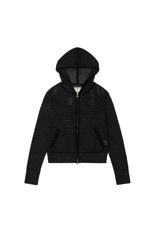 matinkim TWO TONE MESH KNIT HOODY ZIP UP IN BLACK