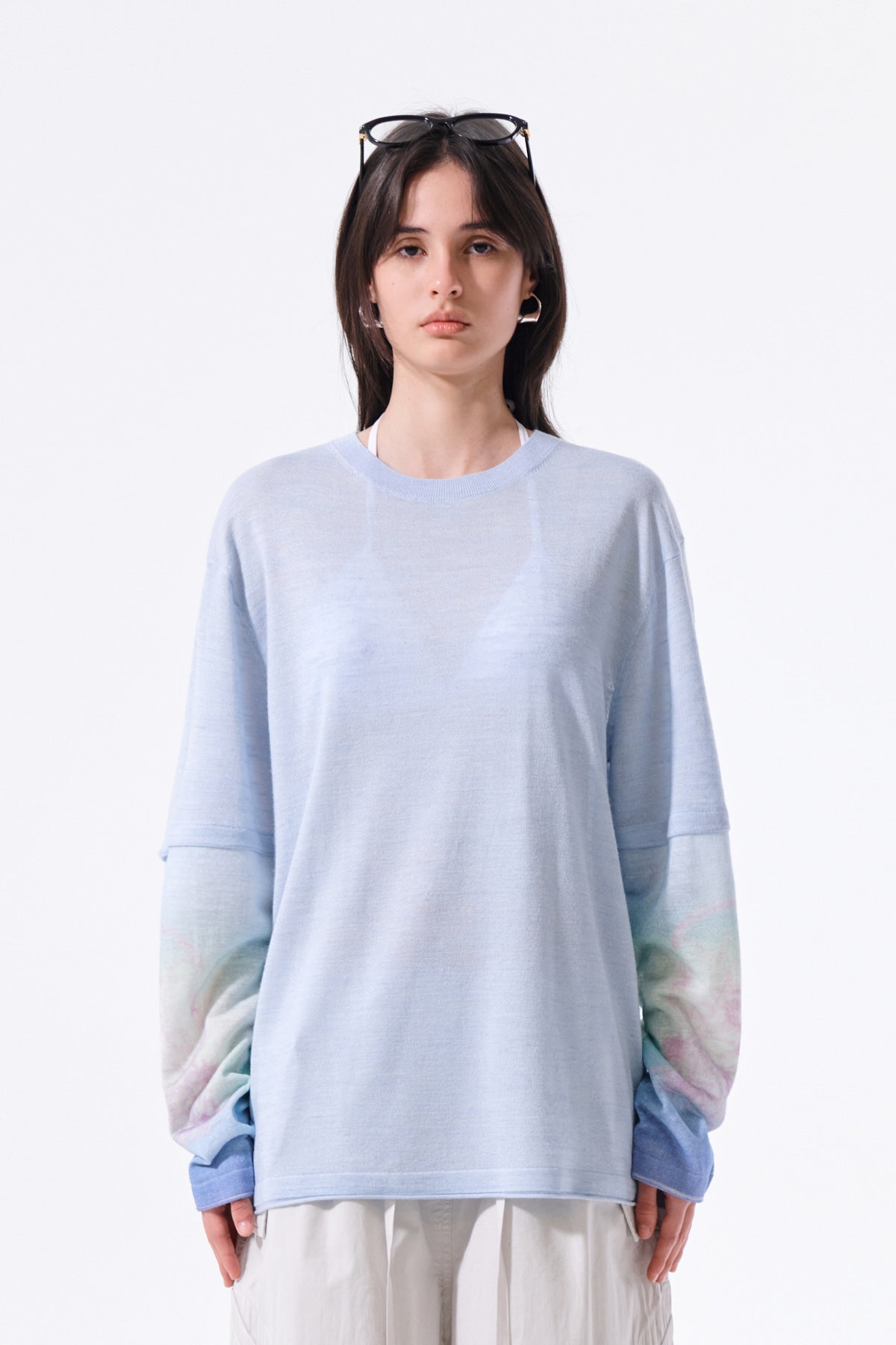 matinkim SLEEVE PRINT KNIT PULLOVER IN LIGHT BLUE