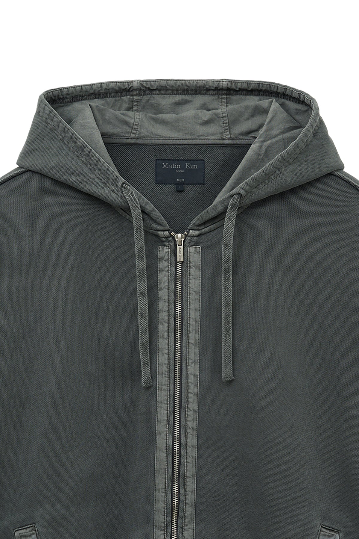 matinkim BACK LOGO PIGMENT DYED ZIP UP HOODY FOR MEN IN CHARCOAL