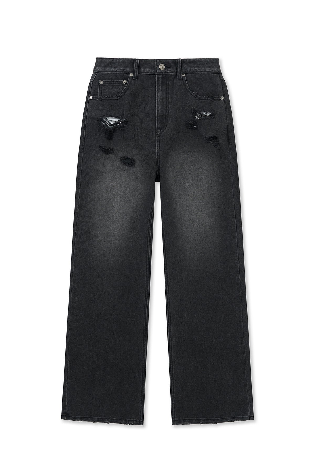 matinkim BACK POCKET PATCH DESTROYED DENIM PANTS IN BLACK