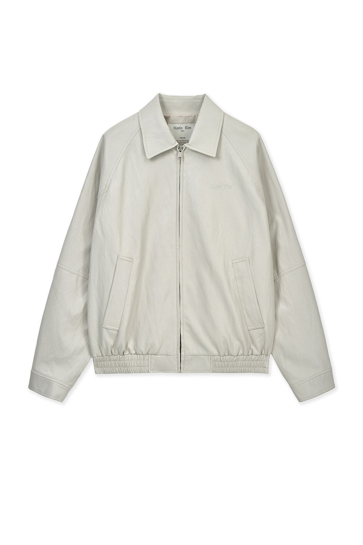 matinkim SMALL LOGO FAUX LEATHER ZIP UP JUMPER IN LIGHT GREY