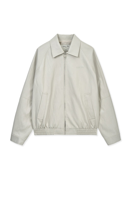 matinkim SMALL LOGO FAUX LEATHER ZIP UP JUMPER IN LIGHT GREY