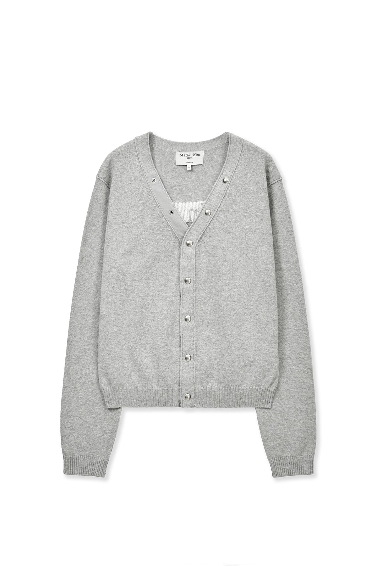 matinkim BACK LOGO SNAP BUTTON CARDIGAN IN GREY