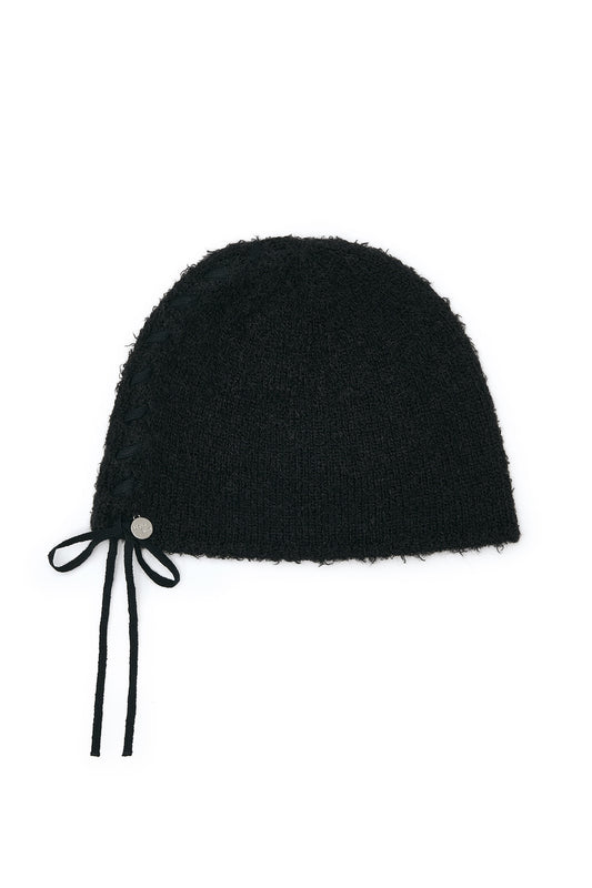 matinkim RIBBON TIE KNIT BEANIE IN BLACK