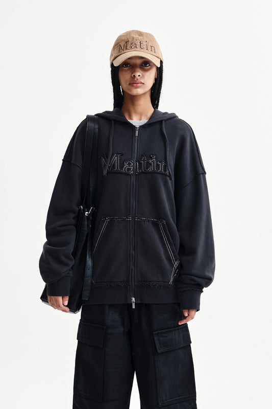 matinkim RAW CUT APPLIQUE HOODY ZIP UP IN CHARCOAL