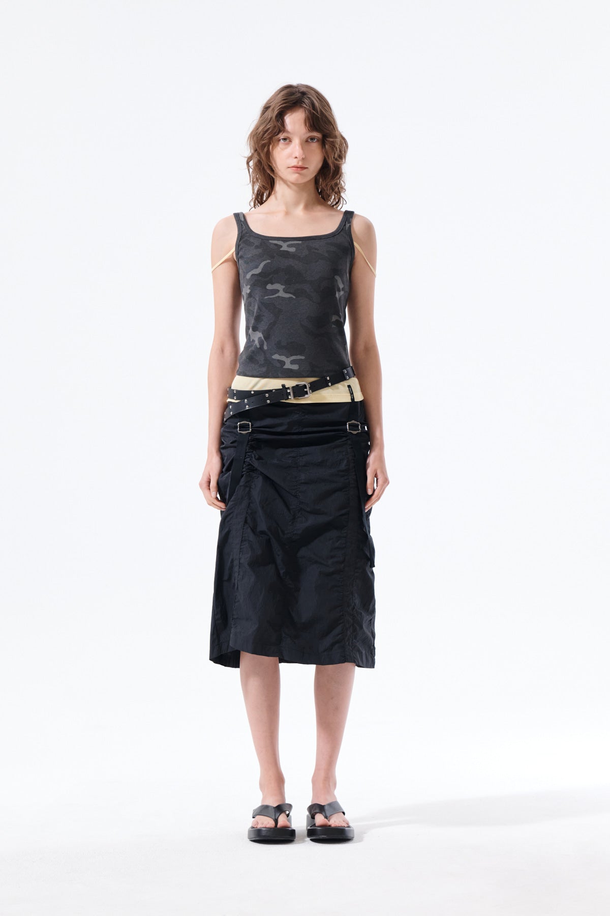 matinkim NYLON SHIRRING MIDI SKIRT IN BLACK