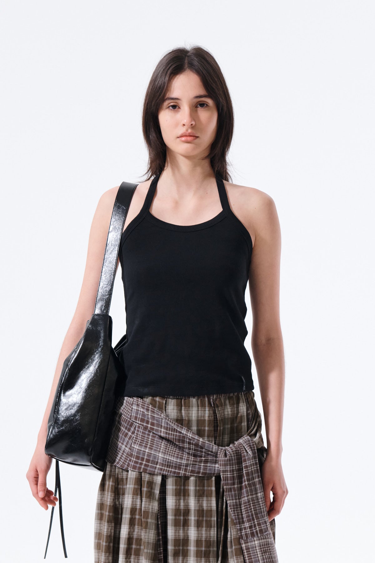 matinkim LABEL DETAIL HALTER TANK TOP IN BLACK