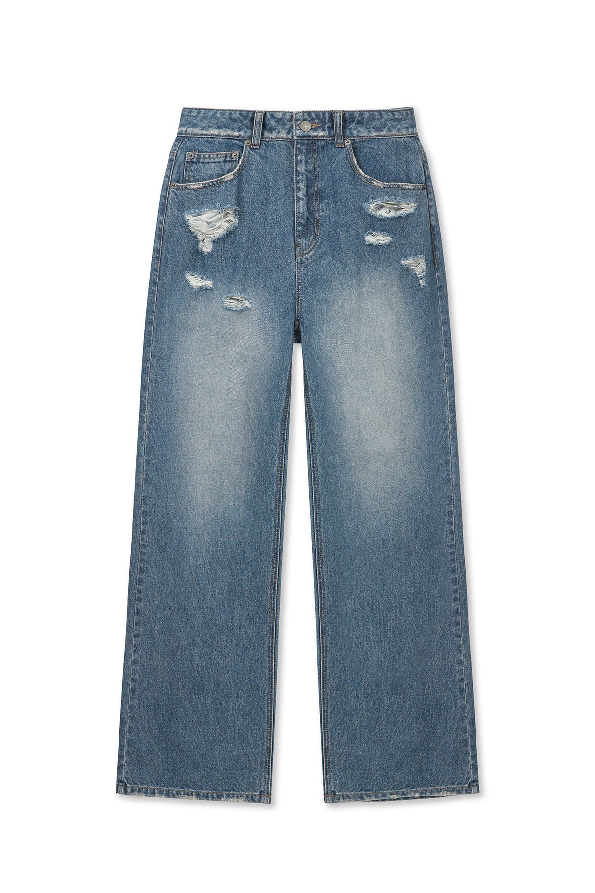 matinkim BACK POCKET PATCH DESTROYED DENIM PANTS IN BLUE