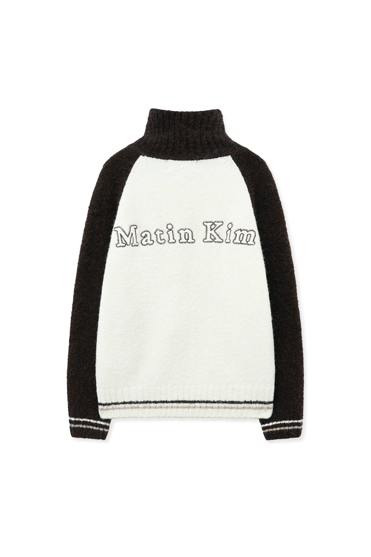 matinkim HIGH NECK RAGLAN KNIT ZIP UP FOR MEN IN DARK BROWN
