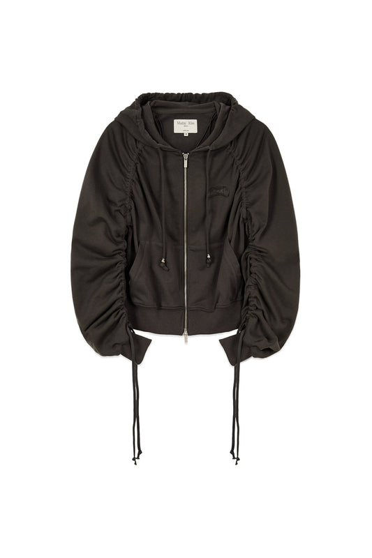matinkim SLEEVE STRING DETAIL HOODY ZIP UP IN CHARCOAL