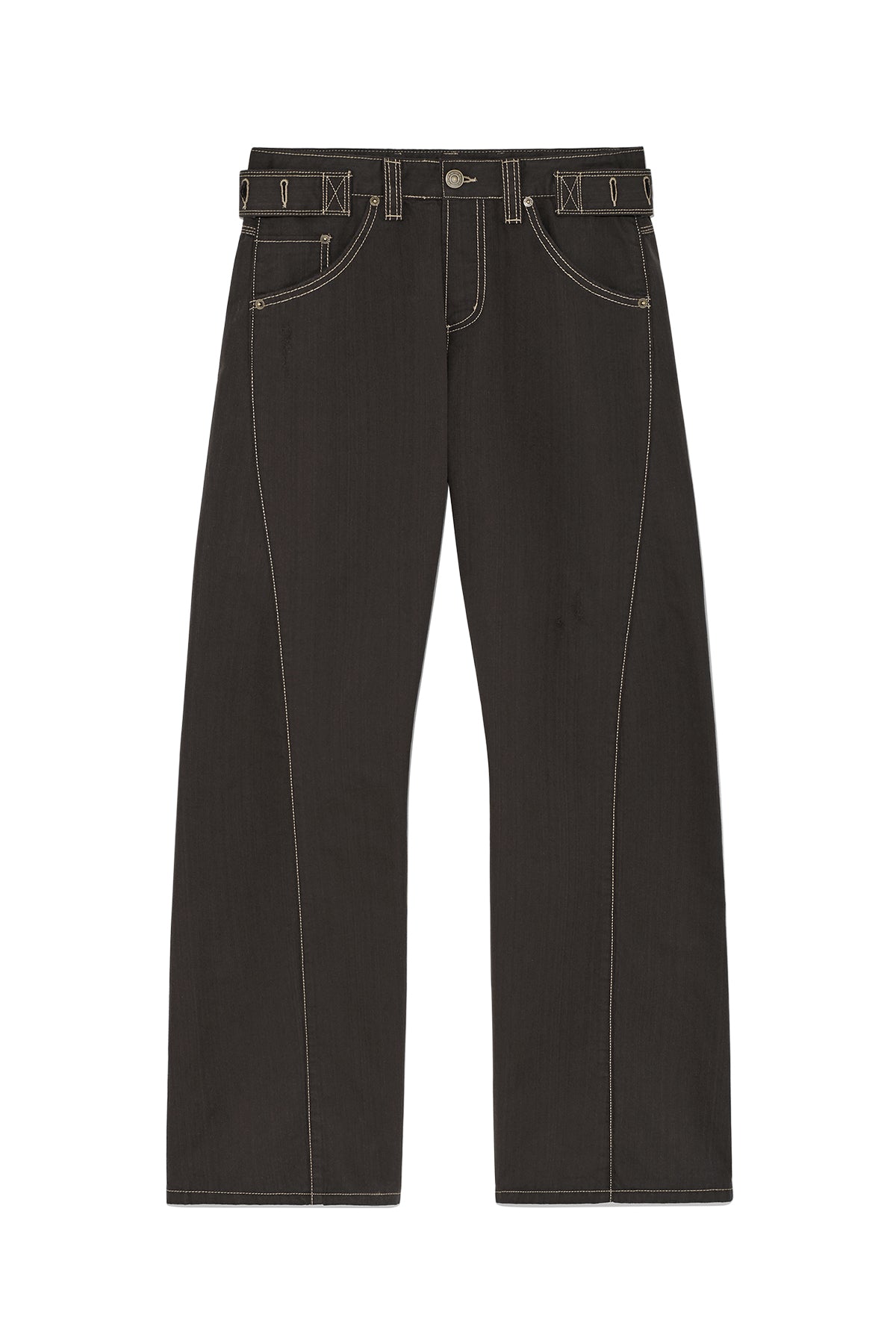 matinkim WAIST BUCKLE CURVED TWILL DENIM PANTS IN CHARCOAL