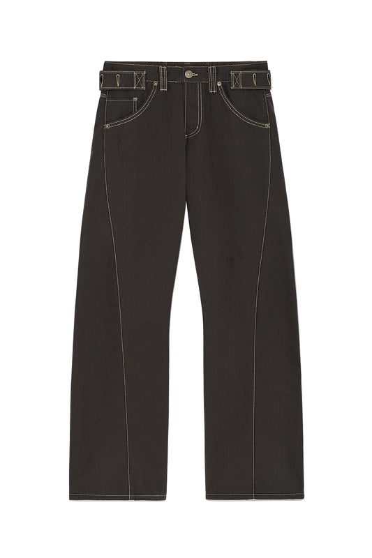 matinkim WAIST BUCKLE CURVED TWILL DENIM PANTS IN CHARCOAL