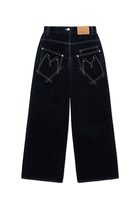 matinkim REVERSE VELVET WIDE DENIM PANTS IN NAVY
