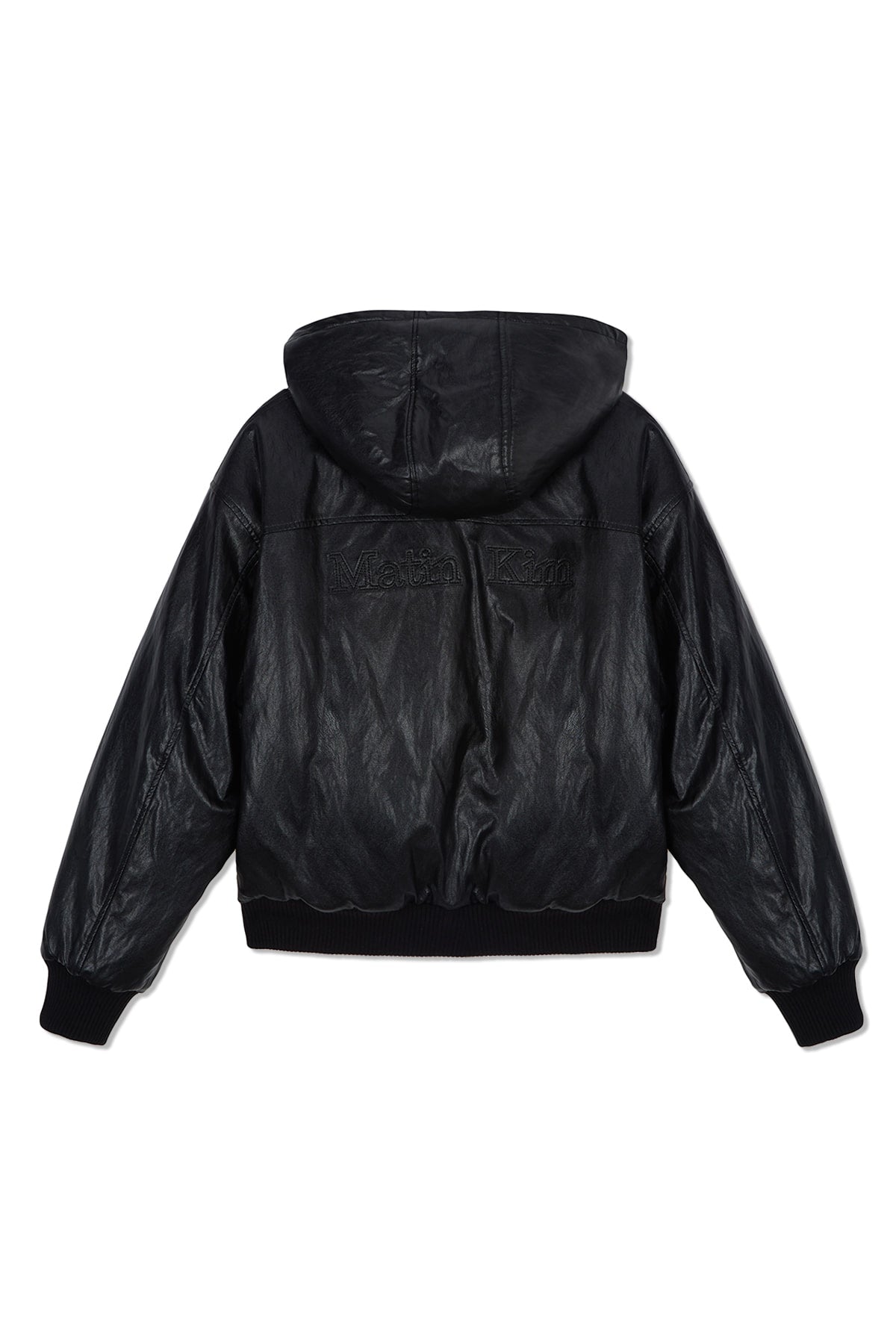 matinkim FAUX LEATHER ZIP UP HOODY IN BLACK