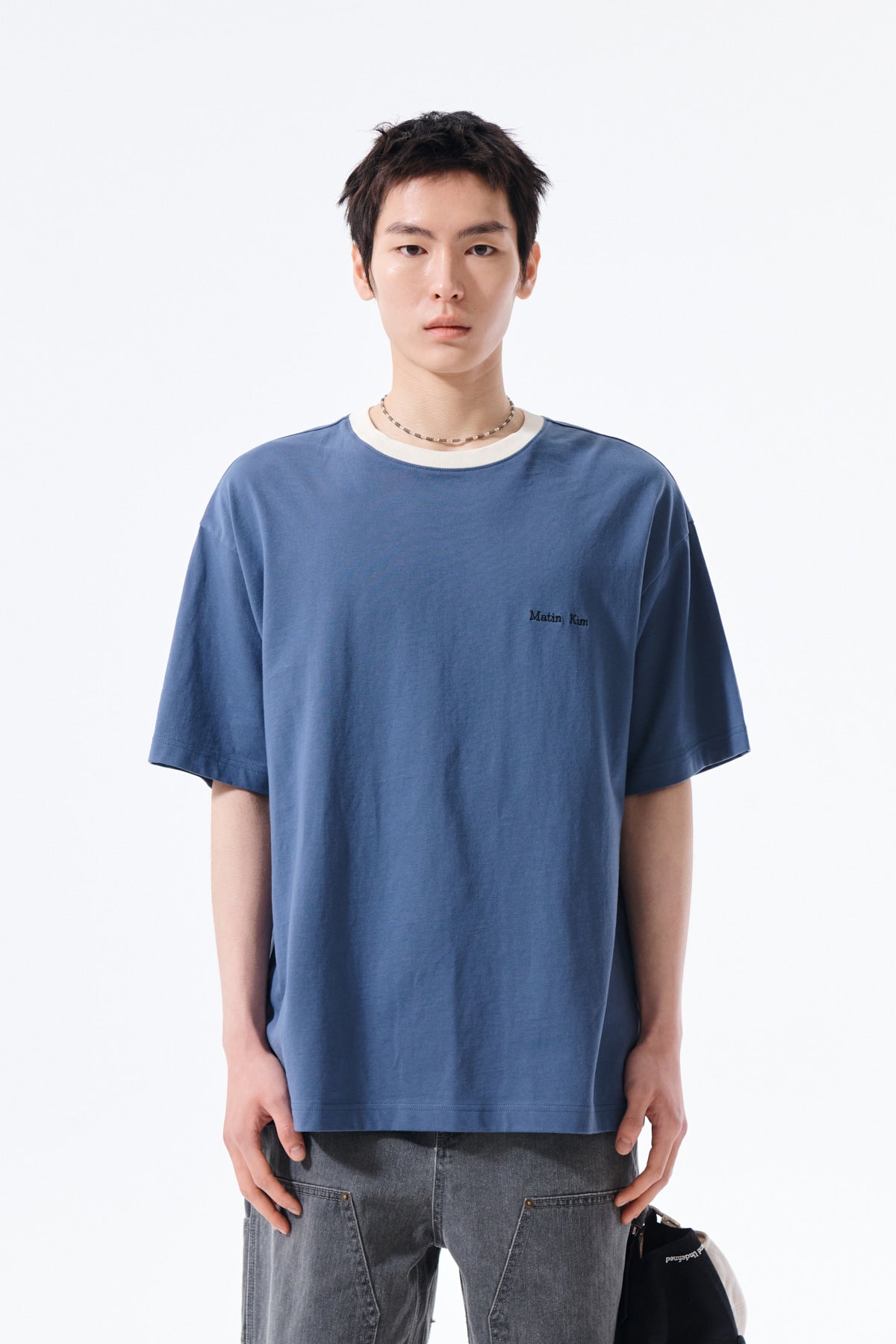 matinkim TONAL RIB BACK LOGO TOP FOR MEN IN SMOKE BLUE