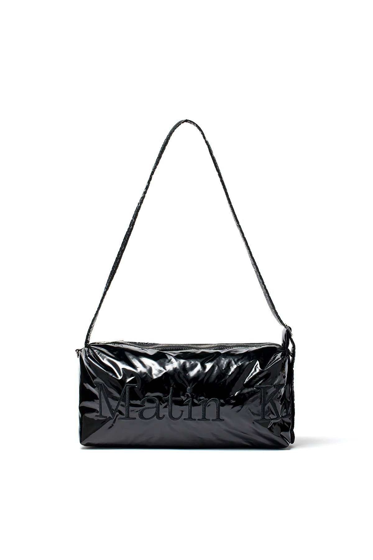matinkim GLOSSY LOGO STITCH CROSS BAG IN BLACK