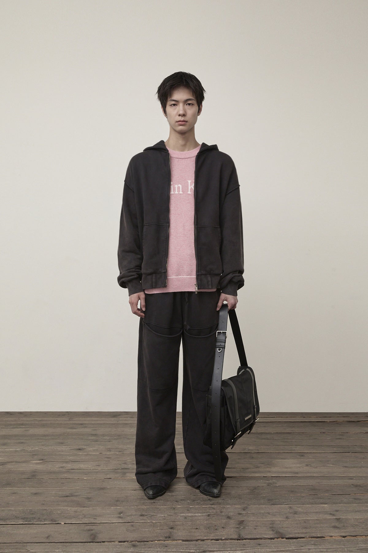 matinkim BACK LOGO WASHED HOODY ZIP UP FOR MEN IN CHARCOAL