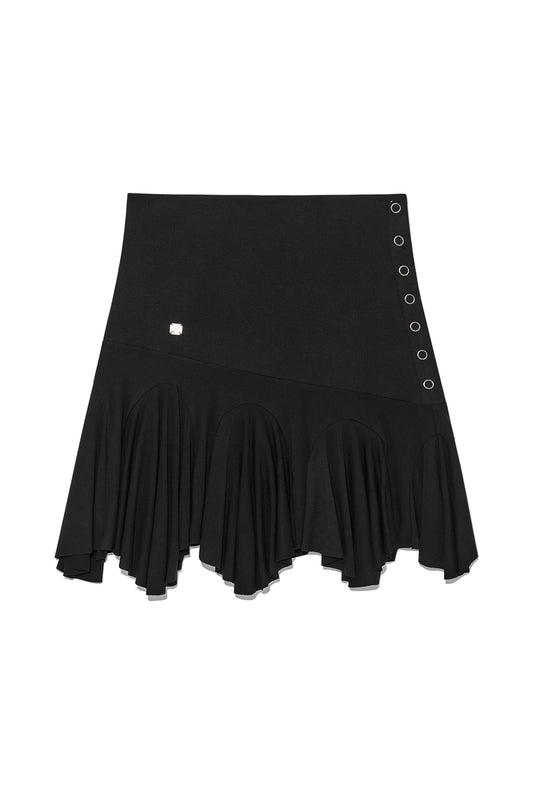 matinkim UNBALANCE FLARE FOLDING SKIRT IN BLACK