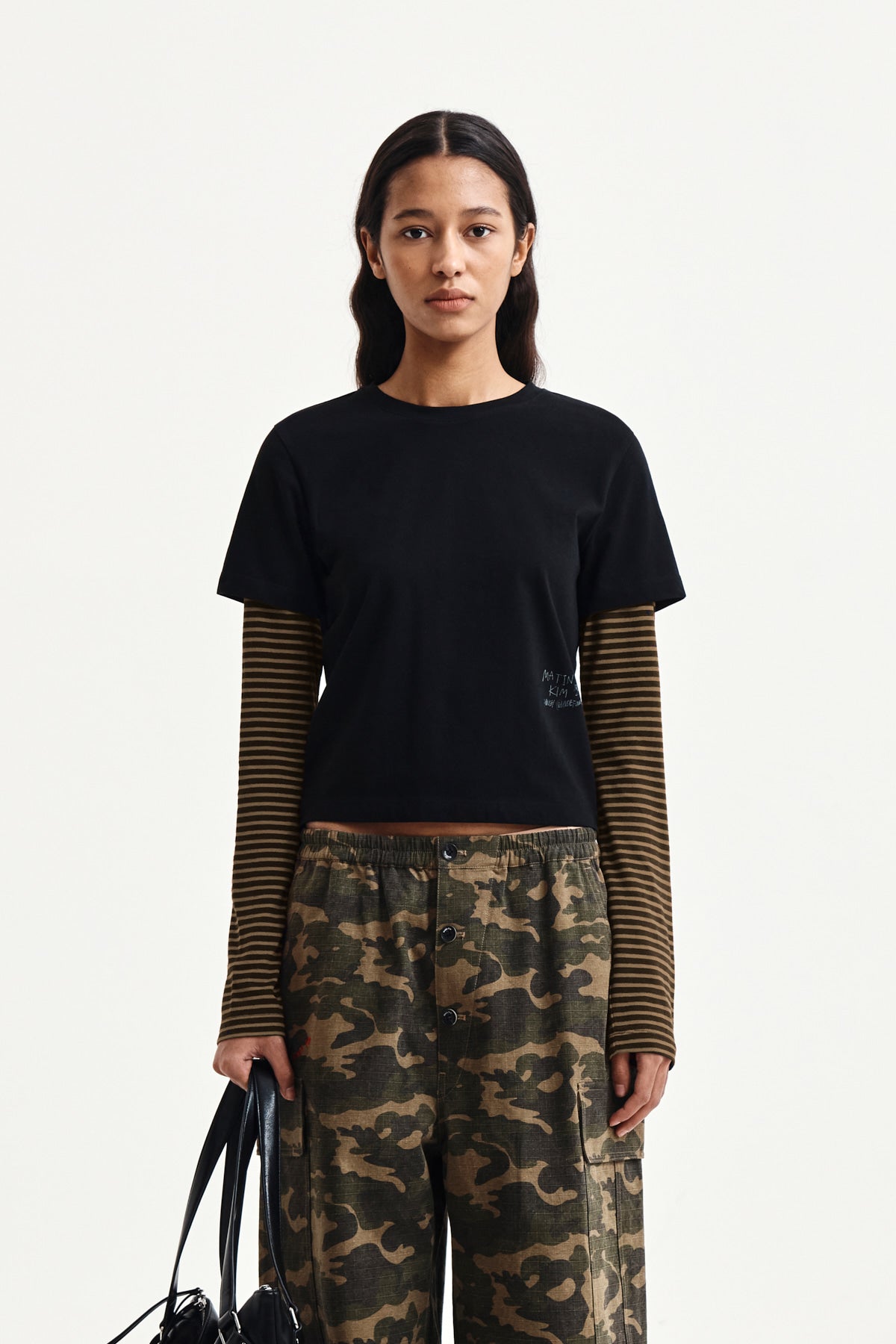 matinkim GRAFFITI LOGO STRIPE LAYERED TOP IN BLACK