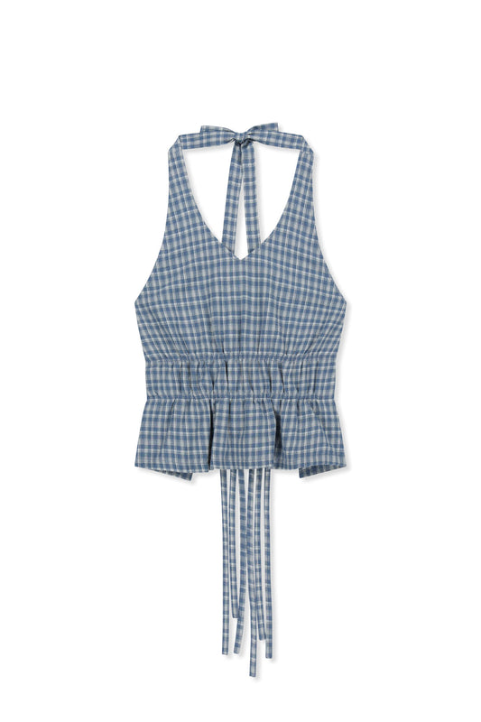 matinkim HALTER NECK SHIRRING BLOUSE IN BLUE