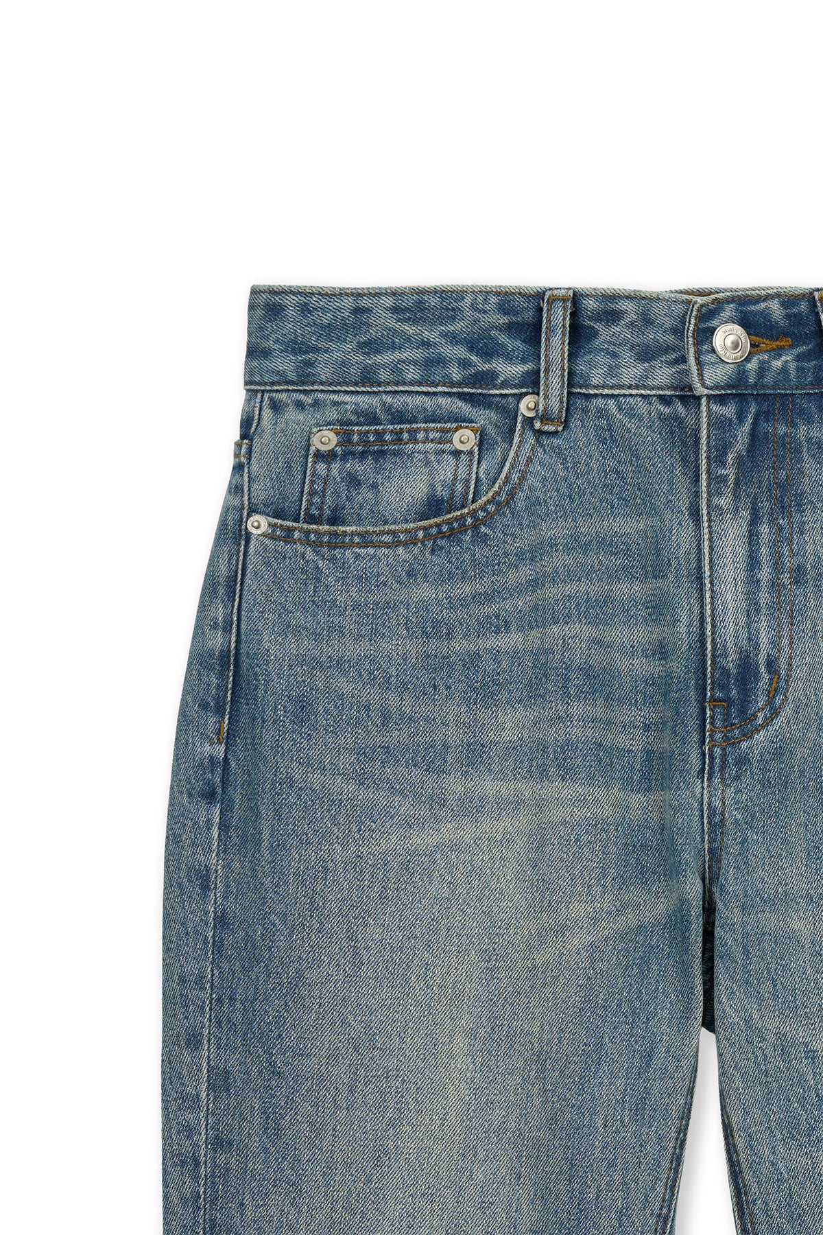 matinkim WASHED POINT BOOTS CUT DENIM PANTS IN BLUE