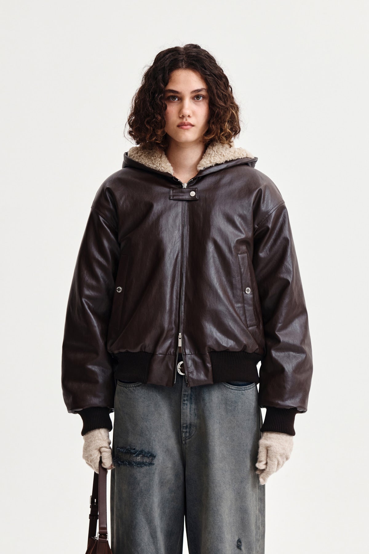matinkim FAUX LEATHER ZIP UP HOODY IN BROWN