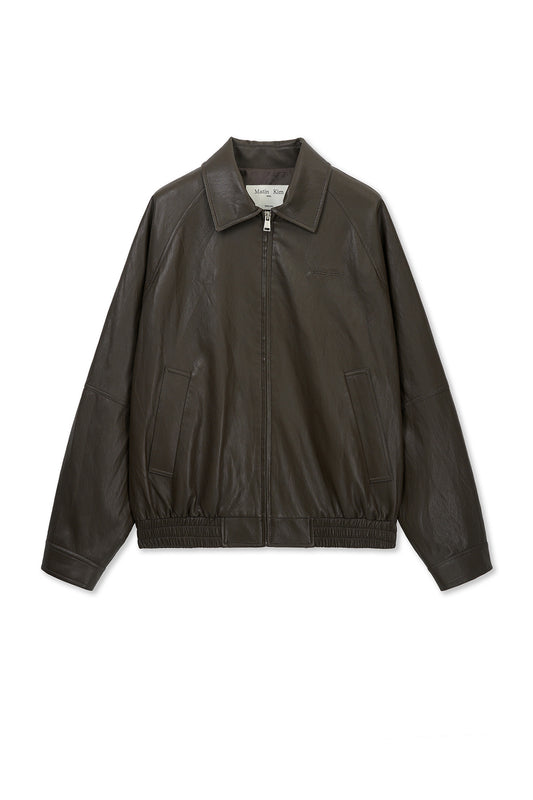 matinkim SMALL LOGO FAUX LEATHER ZIP UP JUMPER IN BROWN
